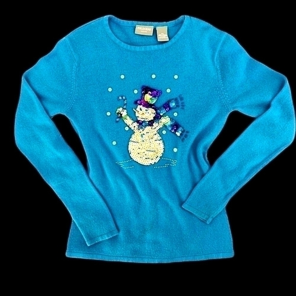 Field Gear Sweaters - Field Gear Women's S Petite Blue Snowman Sequin Long Sleeve Round Neck Sweater